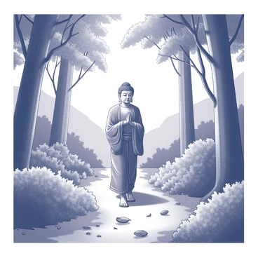 A figure of Gautam Buddha is depicted walking peacefully along a forest path. He is wearing a simple robe and has an aura of tranquility. The surrounding forest is dense with towering trees, their leaves creating a canopy overhead. In the underbrush, various plants and shrubs thrive, embodying a rich ecosystem. The path is slightly worn down by previous footsteps, indicating frequent use. Small creatures, such as birds and insects, can be seen nearby, contributing to the lively atmosphere. Sunlight filters through the leaves, casting dappled patterns on the ground.