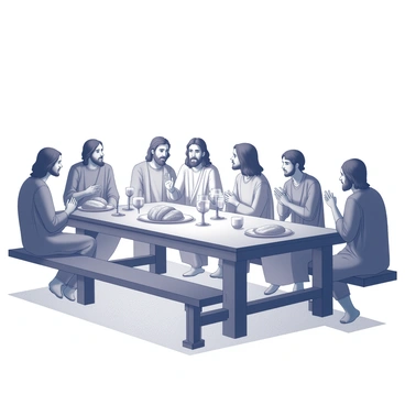 A room with a long wooden table set for a meal. At the table, Jesus is seated in the center, surrounded by twelve disciples. Each disciple is engaged in conversation, some with their hands gesturing as they speak. The table is adorned with loaves of bread and chalices filled with wine. The atmosphere is illuminated by soft candlelight, casting gentle shadows across the faces of the figures. The walls are plain, enhancing the focus on the gathering.
