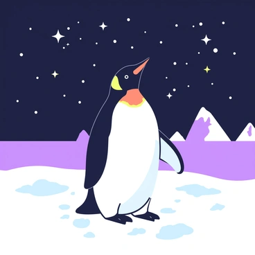 An emperor penguin is standing on a snowy surface, looking upwards. The penguin has a black and white body with a bright orange patch on its neck. Above the penguin, the night sky is filled with twinkling stars, each star shining brightly against the dark backdrop. The surrounding snow reflects some of the starlight, creating a gentle glow around the penguin. In the distance, there are faint silhouettes of icebergs against the night sky, adding depth to the scene.