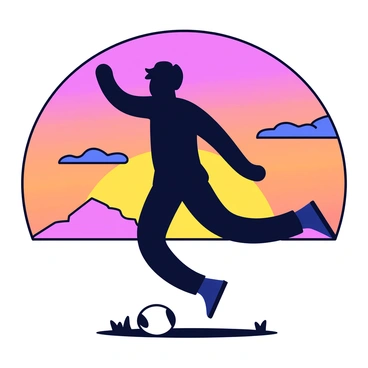 A silhouetted rugby player is positioned in a kicking stance, with one leg raised and the other firmly planted on the ground. The player's outline is dark against the backdrop of a vibrant sunset sky, filled with hues of orange, pink, and purple. Wispy clouds stretch across the sky, adding depth to the scene. The rugby ball is slightly elevated in front of the player, ready for the kick. The grass beneath the player's feet is a darker shade, enhancing the silhouette effect.