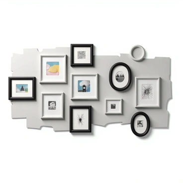 A series of picture frames hung misaligned on a gallery wall