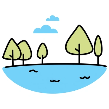 A smooth river with clear water, reflecting the blue sky above and the green trees lining its banks. The trees are tall and slender, with light green leaves swaying gently in a soft breeze. The surface of the river is undisturbed, creating a perfect mirror image of the sky and the foliage. The scene captures the tranquility of nature, with no other elements present in the composition.