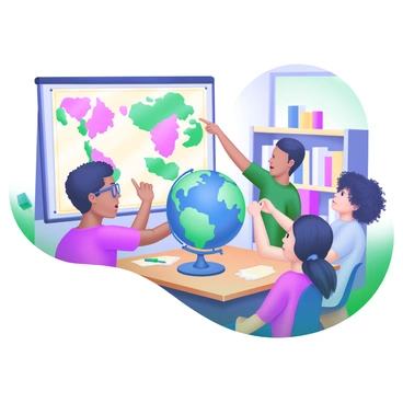 A lively classroom with students studying geography using colorful maps and a globe.