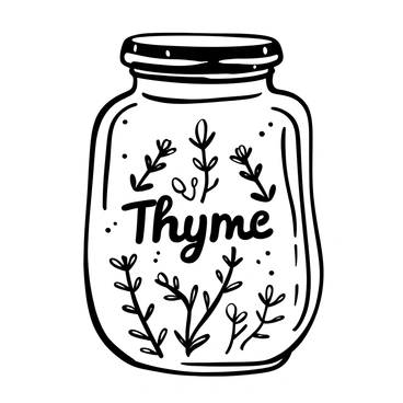 A vintage-style herb label displayed on a glass jar. The label features detailed black-and-white illustrations of thyme sprigs with delicate leaves and tiny flowers. The words "Thyme" are prominently displayed in a decorative font at the center of the label. Additional ornamental flourishes surround the thyme illustrations, adding an elegant touch. The jar itself is slightly rustic, enhancing the vintage aesthetic, with a cork top and a textured surface.