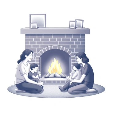 A fireplace made of brick with a gently crackling fire inside. The flames cast soft shadows around the room. A family of four is gathered around the fireplace, sitting on a cozy, patterned rug. The parents are sitting on either side, with one parent leaning forward slightly, smiling. The children are nestled close, one is holding a stuffed toy while the other is looking up at the fire in awe. In the background, a wooden mantel is adorned with various family photos and a couple of decorative items. The room is filled with a sense of warmth and togetherness.