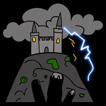 A dark and stormy sky filled with thick clouds, illuminated by bright flashes of lightning. "Frankenstein Castle," a gothic-style structure with tall spires and arched windows, stands on a rocky hilltop. The castle's stone walls appear weathered and imposing. Lightning strikes near the castle, creating a sense of tension and drama in the atmosphere. In the foreground, jagged rocks and sparse vegetation add to the eerie setting. The scene captures the intensity of the storm and the haunting presence of the castle.