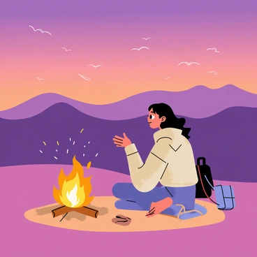 A lone traveler sits by a small campfire, surrounded by shifting sand dunes under a purple and orange sky at dusk. The fire casts a warm glow, illuminating the traveler's features as they relax on a simple, worn mat. The traveler wears a light, protective cloak to shield against the evening chill, with a small backpack beside them. Small flames flicker and dance, sending sparks into the cool desert air, while distant silhouettes of dunes create a dramatic backdrop. The scene conveys a sense of solitude and the quiet beauty of the desert landscape.