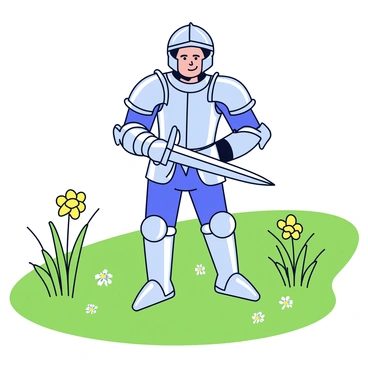 A medieval knight wearing shiny silver armor stands proudly in an expansive green meadow. The armor is intricately detailed with engravings and a crest on the chest plate. The knight holds a sword at their side with a sturdy grip. Tall grass sways gently around the knight's feet, and a few wildflowers are scattered throughout the meadow. In the background, a clear blue sky stretches overhead.
