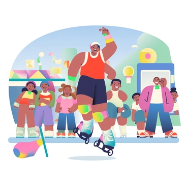 A street performer with a light brown skin tone is showcasing tricks on roller skates in a lively urban area. The performer is wearing a bright red tank top and black shorts, accentuated by colorful knee pads and wrist guards. A group of diverse spectators, including children and adults, is gathered around, watching with expressions of excitement and amazement. The performer is mid-air, executing a graceful spin with one arm extended and a wide smile on their face. Nearby, a small speaker is set up, playing upbeat music, and a brightly colored hat is placed on the ground in front of the performer for tips. The setting is filled with vibrant street art on nearby buildings and a clear blue sky above.