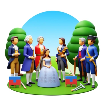 A group of actors dressed in period costumes, portraying various historical figures from the 18th century. They are gathered outdoors, surrounded by lush greenery and a clear blue sky. Each actor is wearing distinct garments of the era, including a powdered wig on one man, a flowing dress with intricate lace details on a woman, and a military uniform on another. The scene captures their dramatic poses as they reenact a significant historical event, with props such as flags and weapons scattered around them.