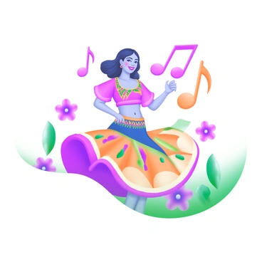 A modern pastel illustration depicting a traditional dance performance. The dancer is wearing a colorful, flowing costume with intricate patterns, emphasizing the hip and pelvic movements. Surrounding the dancer are vibrant musical notes and floral motifs, enhancing the lively atmosphere. The background features soft pastel tones that complement the dancer's outfit, creating a harmonious and dynamic scene.