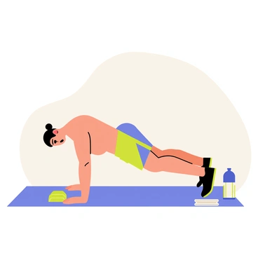 A person performing push-ups on a blue yoga mat. The individual has a toned physique, showcasing well-defined arm muscles. The arms are positioned with elbows slightly bent, emphasizing the strength in the triceps and biceps. The background features a simple, light-colored wall to keep the focus on the exercise. A water bottle and towel are placed nearby on the floor, adding context to the fitness setting. The person's face shows determination and focus while completing the push-up.
