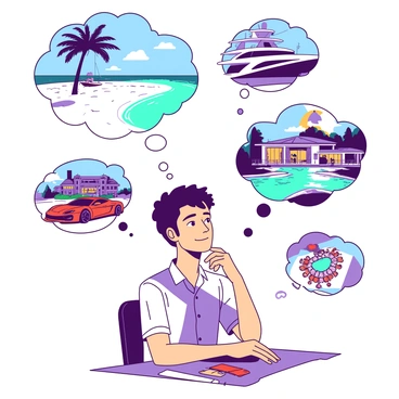 A person sitting at a desk with a thoughtful expression, gazing into the distance while daydreaming about winning the lottery. Above their head, there are several thought bubbles. One bubble contains an image of a white sandy beach with crystal-clear turquoise water, a palm tree swaying gently in the breeze, and a colorful beach umbrella. Another bubble shows a luxurious yacht gliding over the ocean, with people enjoying on board. A third bubble depicts a lavish mansion with a large sparkling swimming pool, surrounded by lush green gardens. In addition, there are bubbles showcasing extravagant items like a shiny red sports car and a dazzling diamond necklace. The person has a slight smile on their face, encapsulating the thrill of dreaming about a life of luxury.