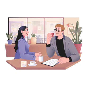 A woman with long dark hair and wearing a stylish blue blazer is sitting at a wooden table in a cozy café. She is holding a white coffee cup with both hands and smiling as she talks. Across from her, a man with light brown hair and glasses is wearing a black t-shirt and a grey cardigan. He is leaning forward, engaged in the conversation, with a notepad and pen in front of him. The café has warm lighting and various potted plants in the background. A large window shows a busy street scene outside. There are sugar packets and a small vase with fresh flowers on the table.