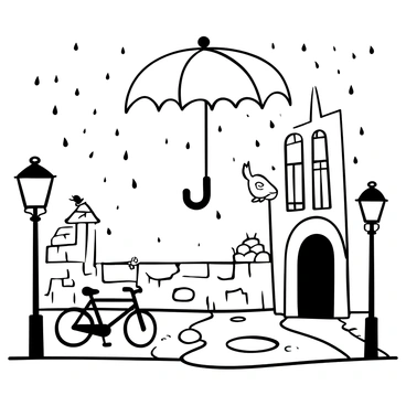 A large, detailed umbrella floating above a cobblestone street, surrounded by raindrops falling from the sky. The street is lined with old-fashioned lampposts, and puddles reflect the floating umbrella. Nearby, a bicycle is propped against a brick wall, and a small bird is perched on the edge of the umbrella. In the background, there are two tall buildings with intricate architectural designs, partially obscured by the falling rain.