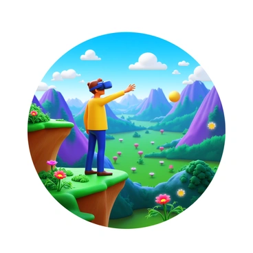 A person wearing a Samsung VR headset is immersed in a vivid virtual reality landscape. The individual is standing on a cliff edge overlooking a sprawling digital world filled with colorful mountains and a bright blue sky. Lush green vegetation surrounds them, with flowers in vibrant colors dotting the terrain. The person's body language expresses amazement and engagement as they reach out, seemingly interacting with floating holographic objects that are visible around them. The vivid colors and dynamic elements of the landscape create a sense of depth and excitement.