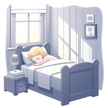 A young girl with golden hair lies peacefully sleeping in a small bed designed for a bear. The bed is adorned with soft, fluffy blankets and a plush pillow. Sunlight streams in through a nearby window, casting gentle rays across the room and illuminating the girl’s relaxed expression. The room features wooden walls and a cozy, rustic atmosphere, with various bear-themed decorations scattered around. A small nightstand beside the bed holds a little lamp and a few storybooks.