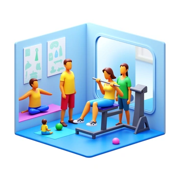 A family of four is in a modern workout space. One of the family members is seated on a "lat pulldown machine," gripping the bar overhead. The second family member is standing beside the machine, encouraging the person working out. The third family member is doing stretching exercises on a yoga mat in the corner, while the youngest child is playing with a small fitness ball nearby. The room is brightly lit, featuring fitness posters on the walls and a large mirror reflecting the activities.