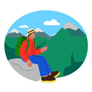 A hiker taking a break and enjoying a Snickers bar with a mountain view.