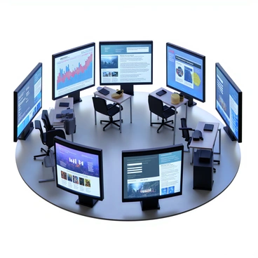 A series of digital screens arranged in a semi-circle, displaying live feeds and updates. Each screen shows different kinds of information, including charts, graphs, and news articles, all emphasizing real-time data. The screens have a sleek, modern design with thin bezels and vibrant colors. The background is an office environment, featuring desks and chairs, with a soft ambient light illuminating the space. The overall atmosphere suggests a high-tech and information-driven setting.