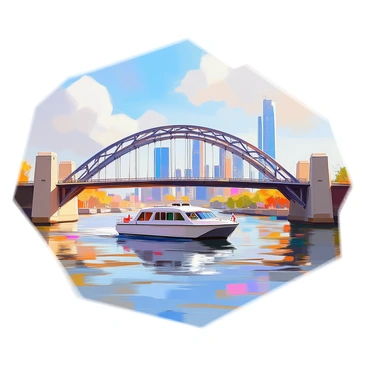A barge is gliding smoothly beneath a grand arching bridge. The bridge features intricate details in its structure, with stone and metal elements visible. In the background, a vibrant city skyline rises, showcasing a variety of tall buildings with reflective glass surfaces. The scene captures the movement of the water beneath the barge, with gentle ripples creating reflections of the bridge and skyline. The sky is clear with a few clouds, allowing sunlight to illuminate the scene.