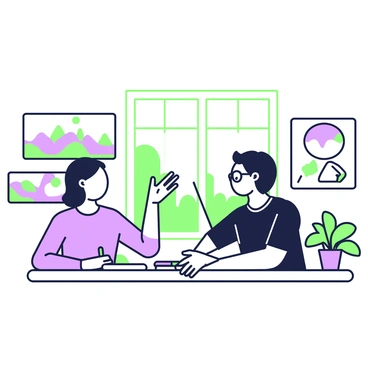 An interviewer is sitting at a wooden table in a well-lit studio, engaged in conversation with a successful illustrator. The illustrator has medium-length hair, wearing a black shirt and glasses, and is animatedly discussing their work. Surrounding them are various art pieces displayed on the walls, including colorful canvases and framed sketches. On the table, there are a few sketchbooks and markers, with a large window in the background allowing natural light to pour in. A potted plant sits in the corner, adding a touch of greenery to the artistic environment.