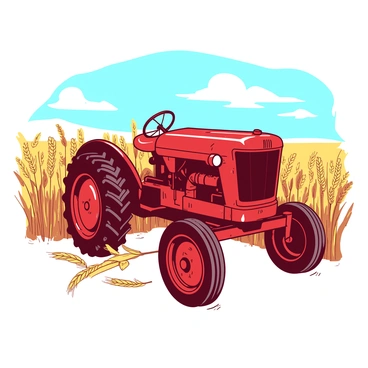 An old-fashioned red tractor is parked in a golden wheat field during harvest. The tractor has worn out paint with some rust spots visible on its surface. Tall stalks of golden wheat surround the tractor, swaying gently in the breeze. In the background, you can see a clear blue sky with a few fluffy white clouds scattered across. The sunlight casts a warm glow over the scene, illuminating the golden wheat and creating a picturesque rural landscape.