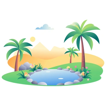 A lush oasis with a small pond is centrally located in the image. The pond reflects the clear blue sky and is bordered by smooth stones. Surrounding the pond are several tall palm trees with green fronds that sway gently in the light breeze. The ground is covered with vibrant green grass and various colorful flowers, adding contrast against the golden sand that stretches endlessly in the background. The sun casts warm light on the scene, highlighting the tranquility of this secluded paradise.