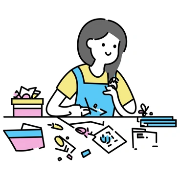 A woman with long brown hair is sitting at a colorful craft table. She is wearing a light blue apron and focusing on creating handmade birthday cards. The table is covered with various crafting supplies, including colorful papers, scissors, and markers. She is holding a pair of scissors in one hand, while the other hand is decorating a card with stickers. Surrounding her are stacks of vibrant paper and a box filled with crafting tools. There are also a few finished cards displayed in front of her, showcasing different designs and colors.