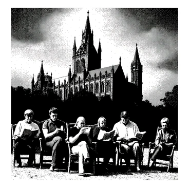 A gothic castle with towering spires stands prominently in the background. The castle features intricate architectural details, including pointed arches and ornate stonework. In the foreground, a group of individuals is gathered, each holding a book and sitting on vintage wooden chairs. They are focused on their reading, with some glancing up at the castle. The sky above is filled with dark clouds, conveying an atmosphere of impending storm, while the ground is dotted with patches of grass.