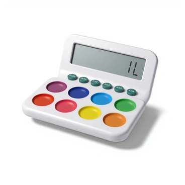 A paint palette designed with a variety of vibrant paint colors arranged in circular wells. Each well is filled with paint of different shades, such as red, blue, green, yellow, and purple. The palette features buttons similar to those on a calculator, with clear labels and a sleek surface. Above the paint wells, there is a digital display screen that shows numerical values and possibly color codes. The overall design is modern and functional, combining the elements of traditional art supplies with digital technology.