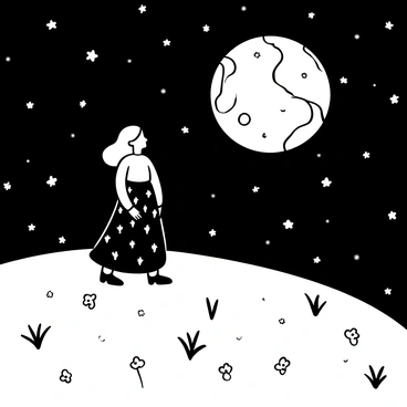 A woman standing on a grassy hill, gazing at a large, detailed moon in the night sky. She is wearing a flowing dress that has patterns resembling stars, creating a visual connection with the starry night sky. Surrounding her are small flowers and blades of grass, gently swaying in the breeze. The scene is filled with numerous stars scattered across the sky, creating a peaceful atmosphere. The moon is illuminated, casting soft shadows on the ground around her.