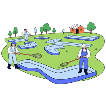 A catfish farm featuring multiple rectangular ponds filled with clear water. The ponds are surrounded by green grass and a few scattered trees. In the foreground, two workers in light blue overalls are actively tending to the ponds, one using a long net and the other checking water levels with a measuring stick. The early morning sun casts soft shadows, creating a calm atmosphere. In the background, a small wooden shed is visible, partially obscured by the foliage.