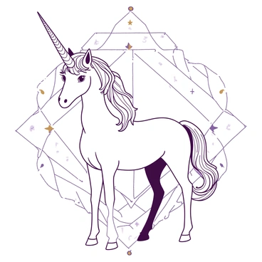 A white unicorn stands elegantly in a poised position, showcasing its long, spiraled horn. The unicorn is surrounded by intricate patterns formed by geometric shapes and symmetrical designs. Its mane flows gracefully, blending into a background of interlocking shapes. The unicorn's eyes are large and expressive, gazing forward with a sense of majesty. Delicate accents of silver and gold highlight the geometric patterns that frame the scene.