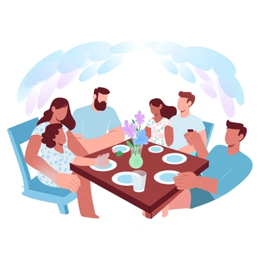 A family is sitting around a wooden dining table at an outdoor restaurant. The table is set with colorful plates and glasses, reflecting the vibrant atmosphere. There are four family members; an adult man in a light blue shirt, an adult woman in a floral dress, a young girl with curly hair, and a teenage boy wearing a T-shirt. Sunlight filters through nearby trees, casting dappled shadows on the table. Brightly colored flowers are placed in a vase at the center of the table, enhancing the cheerful setting.