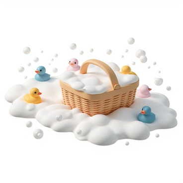 A laundry basket, made of woven rattan, is floating in a large bubble bath. The bubble bath is filled with thick, white suds that create a foamy surface. Colorful rubber ducks are scattered throughout the suds, some floating serenely while others are partially submerged. The scene conveys a playful atmosphere with bubbles rising and popping around the basket and the ducks. Sunlight streams in, casting soft reflections on the water's surface.