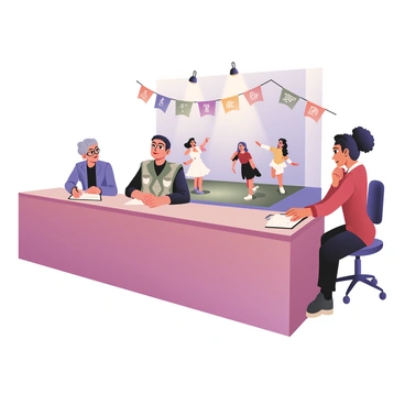 A digital flat illustration depicting a panel of three judges seated at a long table in front of a stage. The first judge on the left is an older woman with gray hair styled in a bun, wearing glasses and a bright blue blazer. The second judge, a middle-aged man with short black hair and wearing a black shirt and a patterned jacket, is holding a clipboard. The third judge on the right is a young woman with long curly hair and wearing a red dress, looking thoughtfully at the candidates. In the background, two candidates are performing on stage; one is a dancer dressed in a flowing white outfit, and the other is a singer with a microphone in a casual outfit. A spotlight is shining down on the stage, highlighting the performers. The environment is filled with colorful banners that celebrate creativity.