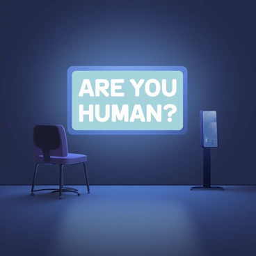 A computer screen is prominently displayed in the center of a dimly lit room. The screen is glowing softly, and the text "Are you human?" appears in bright white letters against a dark background. The room has shadows cast by the faint light, and the silhouette of a chair can be seen nearby. There are slight reflections on the screen, suggesting the presence of other objects in the room. An ambient atmosphere envelops the space, enhancing the contrast between the light of the screen and the darkness surrounding it.