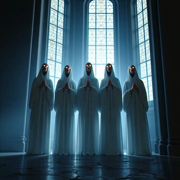 A spectral choir singing haunting melodies in a shadowy cathedral