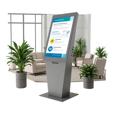 A sleek, modern interactive kiosk situated in a bank lobby. The kiosk features a large touchscreen display with bright colors and clear graphics. On the screen, there are detailed sections labeled "FDIC Insurance Information" with icons representing savings accounts and insurance coverage. The base of the kiosk is sturdy and has a brushed metal finish. Surrounding the kiosk are elegant, minimalist bank lobby furnishings, including comfortable seating and potted plants, creating a welcoming atmosphere. The ambient lighting highlights the kiosk, making it a focal point in the lobby.