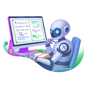 A humanoid robot with a sleek metallic surface and glowing blue eyes is sitting at a contemporary desk. The robot is positioned in a thoughtful pose, with one hand resting on its chin. In front of it, there is a large computer screen displaying a complex mathematical equation filled with various symbols and numbers. The desk is cluttered with electronic components, a notepad, and a pencil, suggesting a workspace dedicated to problem-solving. The room is well-lit, emphasizing the robot's shiny exterior and the vivid colors of the screen.