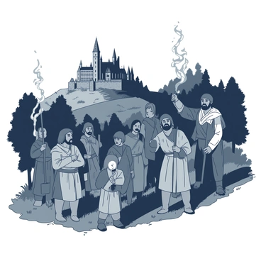 A group of villagers standing on a grassy hillside, each holding a lit torch in their hands. The villagers display a range of expressions, from apprehension to determination, as they gaze towards a distant castle perched atop a hill. The castle is grand and imposing, with tall stone towers and a dark silhouette against the night sky. The flames of the torches cast warm light on the faces of the villagers, highlighting their worried features. The surrounding landscape is dotted with trees and bushes, adding to the atmosphere of the scene.