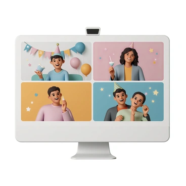 A virtual birthday party with several friends connecting on a video call. The scene shows a computer screen displaying four friends, each in their own home setting. One friend is wearing a colorful birthday hat and is sitting in a decorated room with balloons and a banner that reads "Happy Birthday." Another friend is holding a slice of cake and smiling, while a third friend is raising a sparkling drink in celebration. The fourth friend is surrounded by fairy lights and is clapping excitedly. Each friend has a festive background, enhancing the celebratory atmosphere of the virtual gathering.