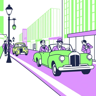 A vintage car with sleek lines is speeding down a bustling city street, driven by a mobster wearing a fedora and a pinstripe suit. The car is surrounded by tall buildings with large windows reflecting the sunlight. Pedestrians are rushing to step aside as the vehicle zooms past, showing expressions of surprise and concern. In the background, other cars are caught in the chaos of the chase, adding to the dynamic atmosphere of the scene. The street is lined with streetlights and storefronts, creating a lively urban environment.