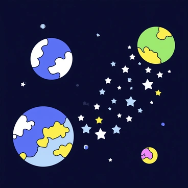 A celestial bridge made of twinkling stars spans the vastness of space. This bridge connects two vibrant planets, each with distinct colors; one is a deep blue with swirling white clouds, while the other is a bright green with patches of golden land. The stars forming the bridge shimmer in various sizes, illuminating the dark background of space. Surrounding the planets are scattered asteroids and a gentle glow from a distant sun, adding depth to the scene. The planets appear in the foreground with the starry bridge gracefully arcing between them.