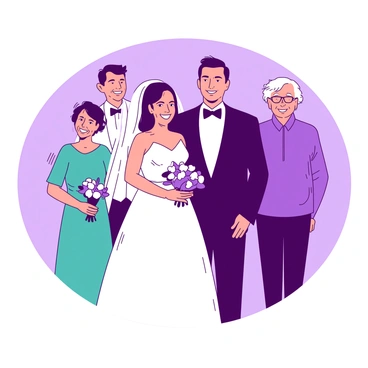 A duotone image featuring a wedding family portrait. In the center, a couple in elegant attire is surrounded by their smiling family members. The bride is wearing a white gown, and the groom is in a black suit. To the left, a woman in a teal dress and a man in a white suit stand together, both grinning broadly. On the right side, an older couple in matching purple outfits pose proudly. The background is softly blurred, focusing attention on the joyful expressions of the family members.