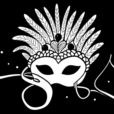 An ornate mask adorned with intricate patterns and detailed carvings, resting on a dark velvet surface. The mask features an array of feathers in various sizes and shapes, delicately arranged along the top and sides. Dark gemstones are embedded within the design, catching the light and adding a sense of depth to the mask. The overall composition creates an air of mystery, inviting curiosity about its origin and purpose.