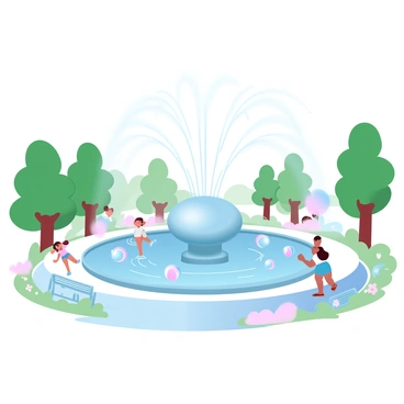 A public fountain in a park features a large round base with water spraying upwards in multiple streams. The sunlight catches the droplets creating a shimmering effect. Nearby, several children are playing with colorful beach balls and running around, splashing in the water. Surrounding the fountain are vibrant green trees and flower beds filled with blooming flowers. A path winds through the park, leading to benches where visitors are seated, enjoying the lively atmosphere.