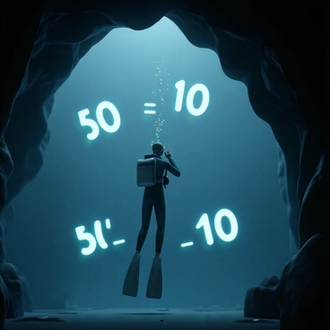 A diver, wearing a black wetsuit, fins, and a diving mask, is swimming through an underwater cave. The cave walls are rocky and wet, with water droplets glistening in the faint light. The diver is positioned near the center, inspecting the cave's interior, while bubbles trail behind them. Surrounding the diver are glowing numbers, each vividly illuminated, showcasing expanded form, such as "50 = 5 x 10" and "100 = 10 x 10." The numbers float gracefully in the water, adding a sense of wonder to the underwater exploration.