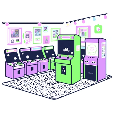 An arcade machine stands prominently in a retro gaming room. The machine is decorated with bright graphics and retro game characters. Surrounding the arcade machine, there are several arcade game cabinets lined up, each featuring a unique design. The room is filled with various gaming memorabilia, such as posters of classic video games hanging on the walls. Neon lights are installed along the ceiling, casting a vibrant glow across the space. A well-worn carpet covers the floor, adding to the nostalgic atmosphere of the room.